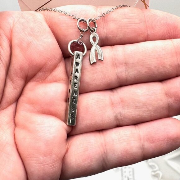 Pink Ribbon Breast Cancer Awareness Sterling Silver Pendant 16 Inch Necklace - Picture 3 of 3